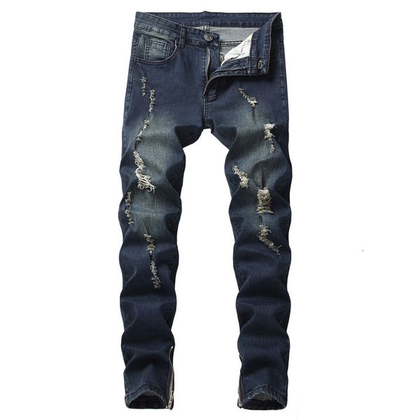 

men herfst denim katoen straight ripped gat troubled broek 2021 new fashion rights male casual jeans, Blue