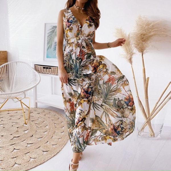 

casual dresses vintage print lace-up backless long dress elegant halter v neck sleeveless party women slim elastic waist maxi, Black;gray