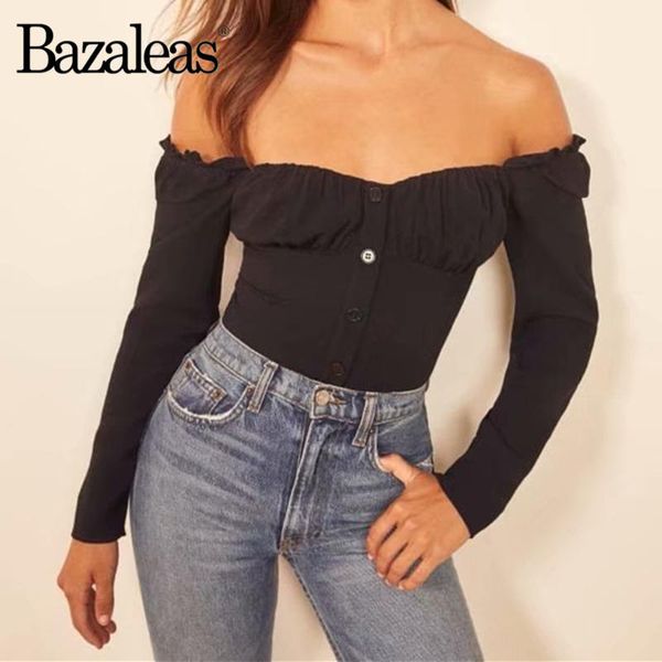 

bazaleas vintage black ropa mujer fashion blouse women harajuku vintage slim center buttons blouse 2021, White