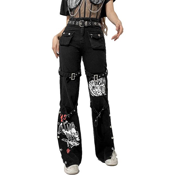 

women y2k high waisted jeans print gothic baggy denim pants loose casual wide leg pants trousers streetwear, Blue