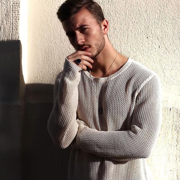 

mens solid colors knitting sweaters fashion long sleeve round neck pullover sweater male spring loose casual irregular hem bottoming, White;black