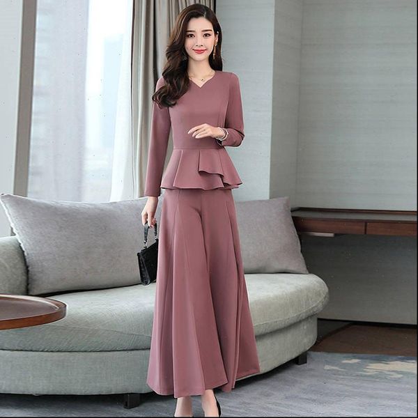 

women 2021 spring autumn wide leg pants suits female v neck ruffles shirt blouse and loose trousers two piece sets, Gray