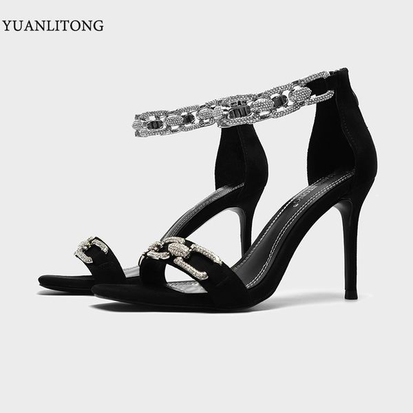 

70% off wholesale sandals flip-flops summer the new fashion open toe high heels sandals female star same style chain hollow stiletto, Black