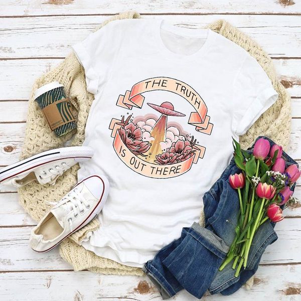 

women graphic flower ufo cartoon fashion lady summer t-shirt shirt lady clothes womens clothing tee female t shirt, White