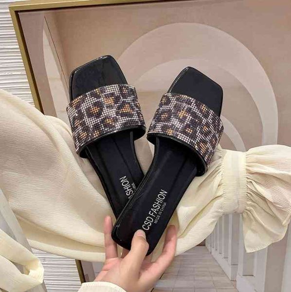

sandals casual female sandals, shiny crystal slippers stamped with leopard, square-toed shoes, for women, summer slippers, cgki, Black