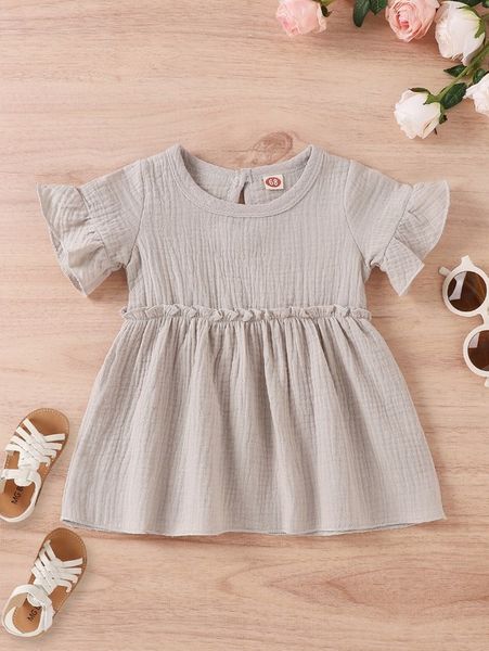 

baby flounce sleeve frilled waist keyhole back dress she, Red;yellow