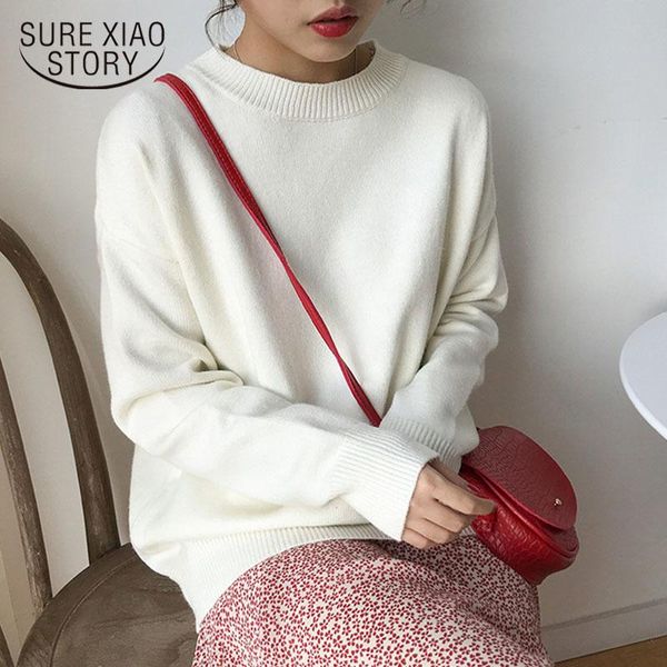 

women's sweaters 2021 simple solid color loose pullover women thicken winter clothes warm long sleeve round-neck 10608, White;black