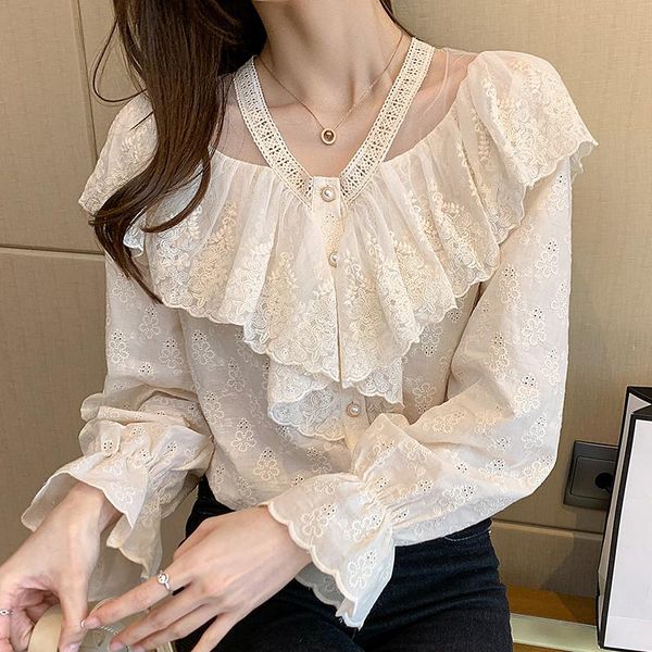 

women's blouses & shirts women 2021 spring korean mesh stitching ruffled lantern sleeve long shirt blouse hanging neck button, White