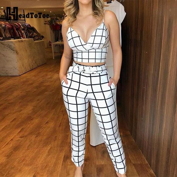 

two piece dress grid wrapped cami & high waist pants set, White