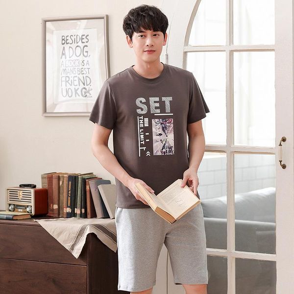 

men's sleepwear men summer korean cotton pajamas casual round neck pullover short sleeve shorts thin two piece pajama sets set, Black;brown