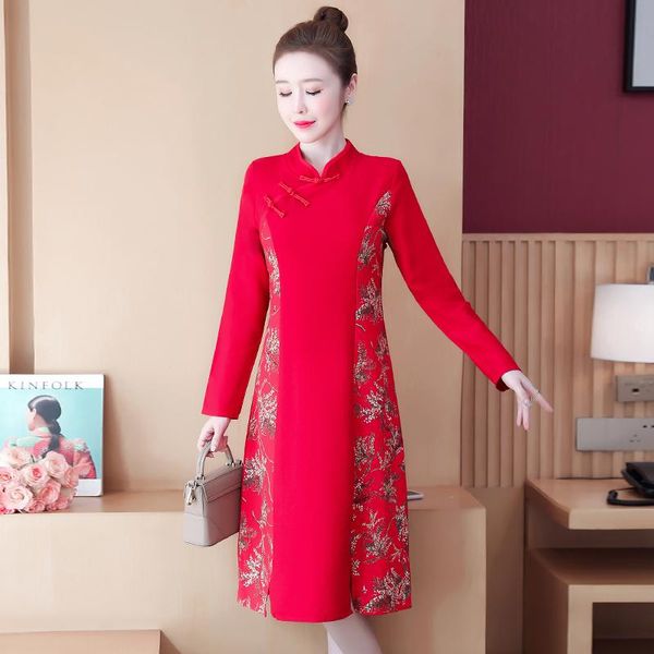 

ethnic clothing plus size -4xl 2021 retro red cotton linen qipao for women chinese cheongsam dress party casual year
