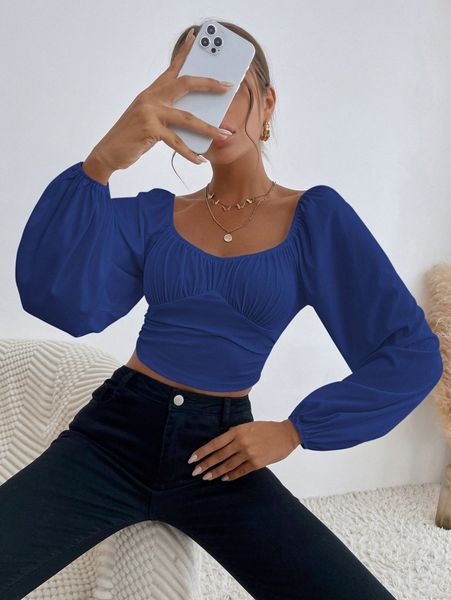 

sweetheart neck lantern sleeve crop l3vt#, White