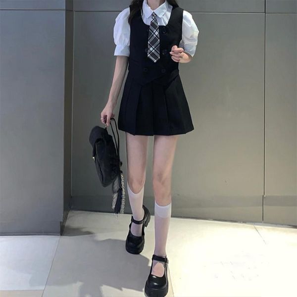 

clothing sets black school girl uniform 2021 summer puff sleeve vintage party mini skirts female japanese style fashion 4pcs set gothic, White