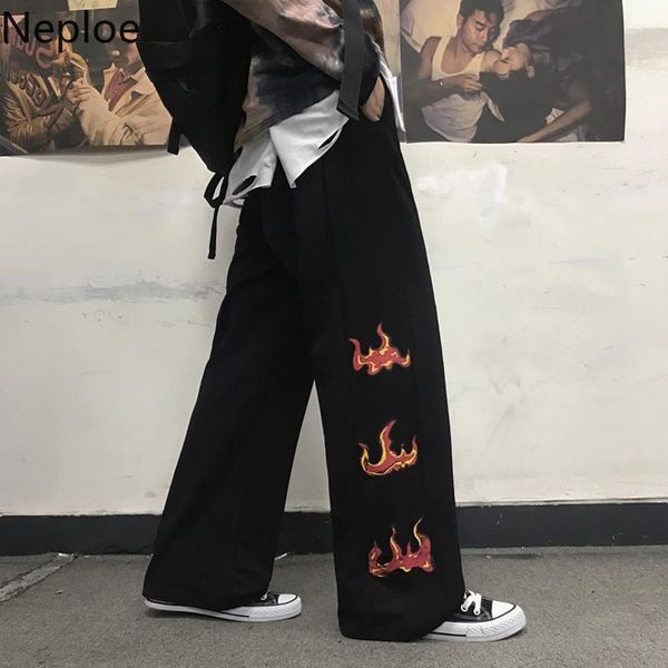 

women's pants & capris neploe spring retro flame print leisure long 2021 stretch high waist pocket women men causal loose 57481, Black;white