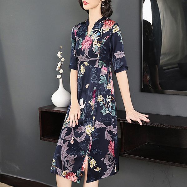 

2021 silk women new summer half sleeve print female vintage large size waist long es 1nn3, Black;gray