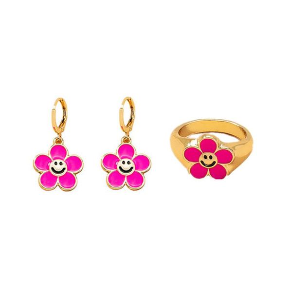 

earrings & necklace aomu cute red drip glaze flower metal rings for women girls vintage gold color jewelry set accessories gifts, Silver
