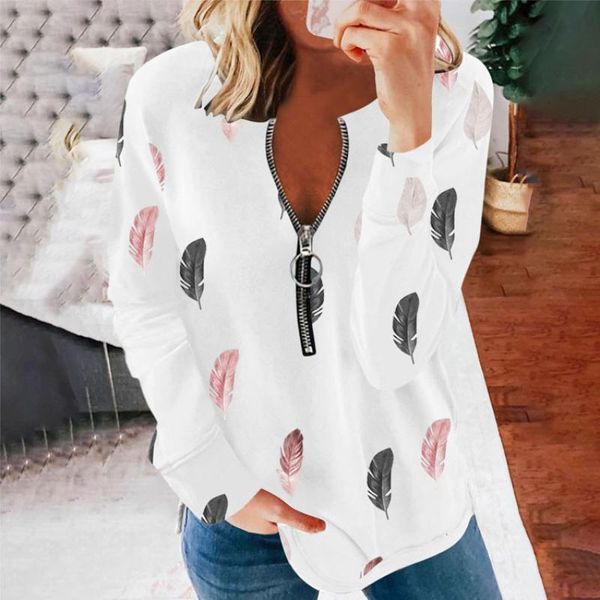 

women's blouses & shirts elegant blouse feather print pullover casual shirt 2021 fashion zipper v neck long sleeve women autumn loose, White