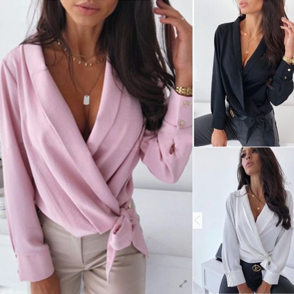 

women's blouses & shirts women slim fit long sleeve v-neck blouse shirt ladies solid color stitching plain clothes drop, White