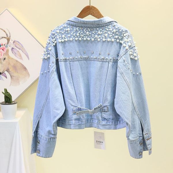 

women's jackets denim jacket female autumn jean pearl beading diamond casual cowboy 2021 women loose long sleeve outwear, Black;brown