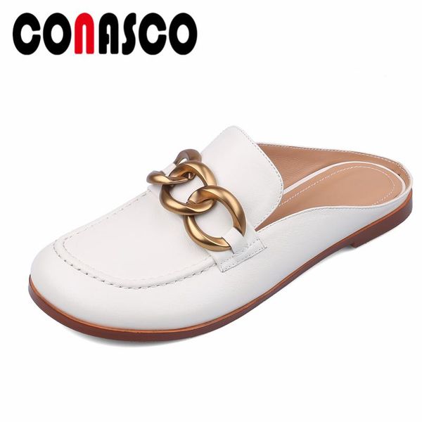 

sandals conasco spring summer casual women genuine leather mules round toe low heels flats shoes woman metal chain slippers, Black