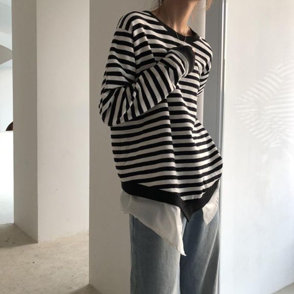

women's hoodies & sweatshirts hzirip 2021 casual warm striped patchwork irregular sweatshirt women all match loose outwear korean fash, Black