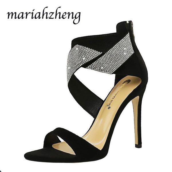 

dress shoes meriahzheng 10cm summer fashion hollow rhinestone banquet women's stiletto suede cross open toe word sandals ds, Black
