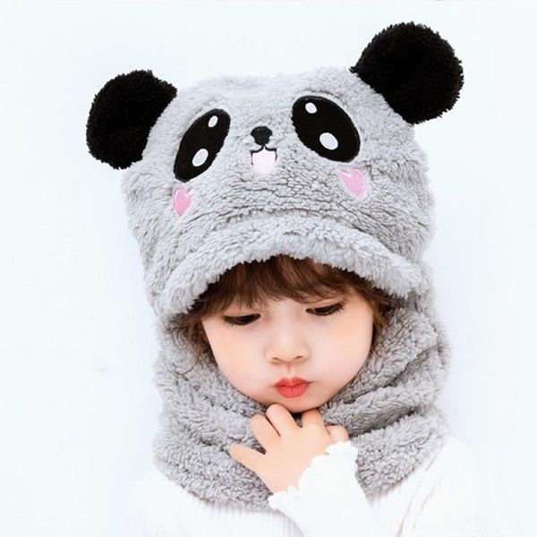 Caps & Hats Winter Kids Hat Cartoon Panda Baby With Ear Thicken Velvet Plush Children Cap Beanie Scarf Cute Full Cover Earflap Hood