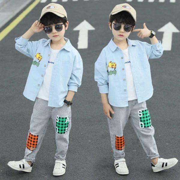 

children's spring 2020 jeans new two piece set little boys' fashion shirt suit, White