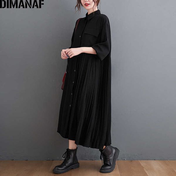 

plus size women dress long sleeve pleated button cardigan office lady vestidos shirt loose spring fashion 210531, Black;gray