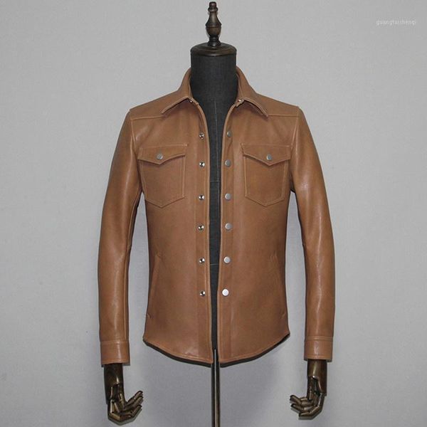 

men's leather & faux light 2021 brown casual style genuine shirt men single breasted large size 3xl natural sheepskin slim fit spring c, Black