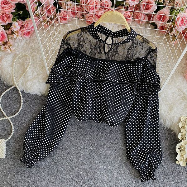 

casual mesh patchwork polka dot chiffon blouse women elegant long sleeve ruffle shirt female 2021 fashion spring autumn 62lv, Blue