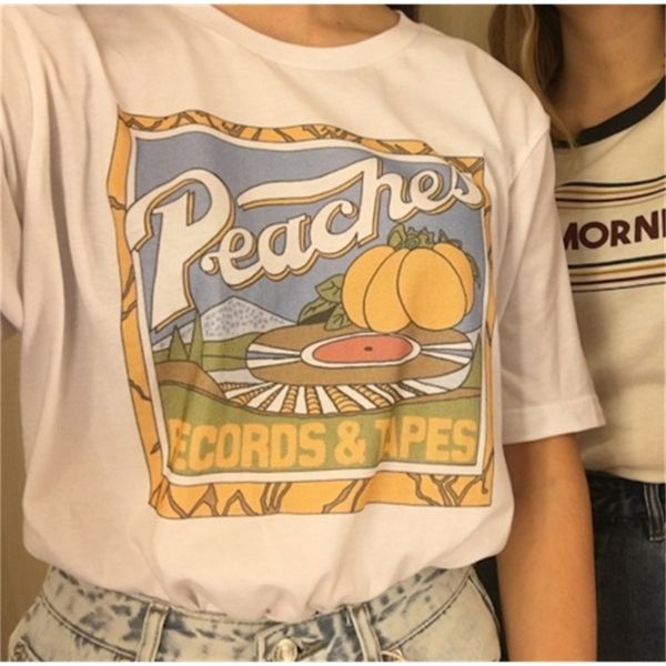 

kuakuayu hjn vintage fashion peaches records tapes t-shirt hipsters grunge style graphic tee 210315, White