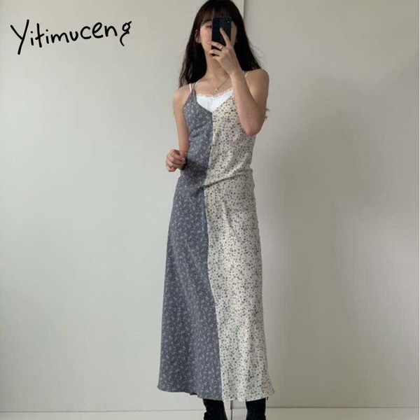 

yitimuceng floral print spaghetti strap dresses women summer patchwork maxi dress high waist korean fashion boho 210601, Black;gray