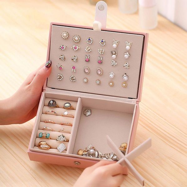 

jewelry pouches, bags pu leather universal organizer display travel case boxes portable box button storage, Pink;blue