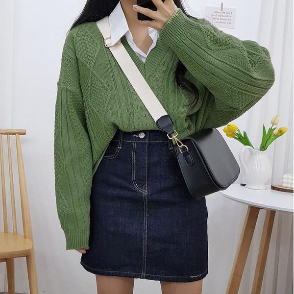 

women's sweaters dewadbow v-neck cable knitted sweater women autumn winter korean loose vintage long sleeve pullover green, White;black