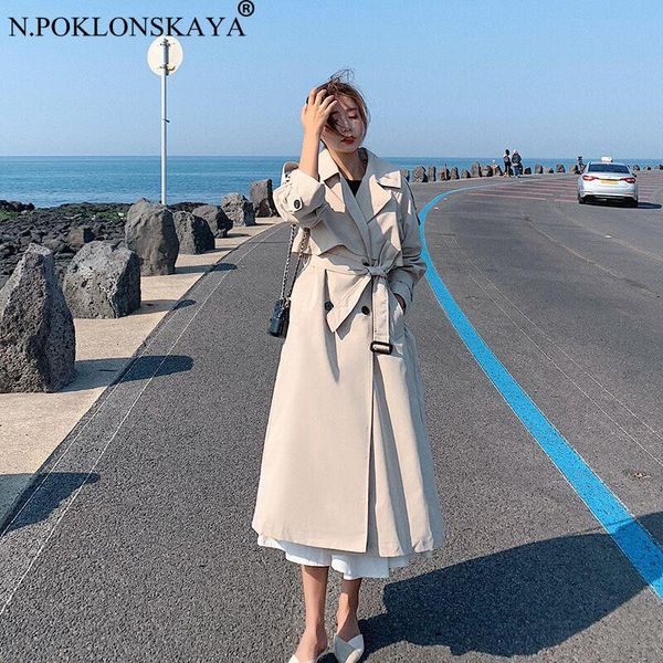 

new arrival long slim trench coat women cloak double-breasted belts lady outerwear korean outwear female clothes spring autumn, Tan;black