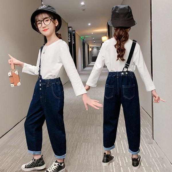 

2021 new spring kids white shirts suspend unique monkeys jeans two pcs suits for young girls autumn casual clothes 4qy4