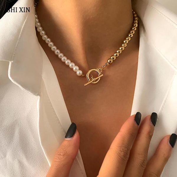 

shixin short imitation pearl beads choker necklace for women gold/silver color beaded chains clavicle necklace 2021 neck jewelry, Golden;silver