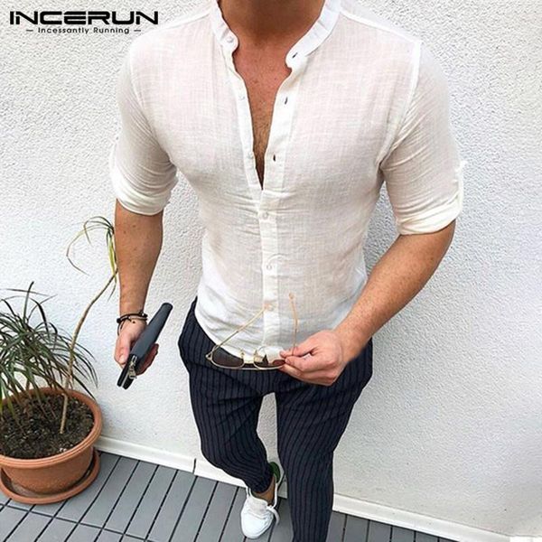 

men's casual shirts incerun vintage solid color men long sleeve stand collar man fitness buttons dress cotton blouse s-5xl, White;black