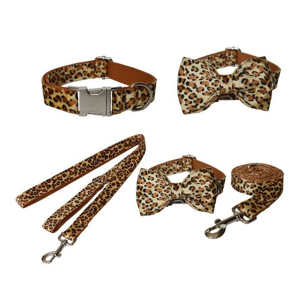 

dog collars & leashes leopard print bow tie collar and leash set personalized retractable combo set, ror dogs neck belt engraved