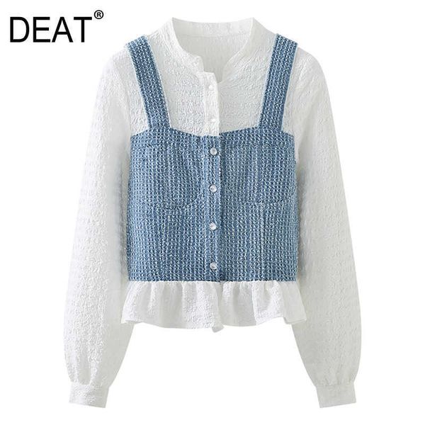 

[deat] summer fashion single-breasted splicing long sleeve stand-up collar casual loose women shirt 13q324 210527, White