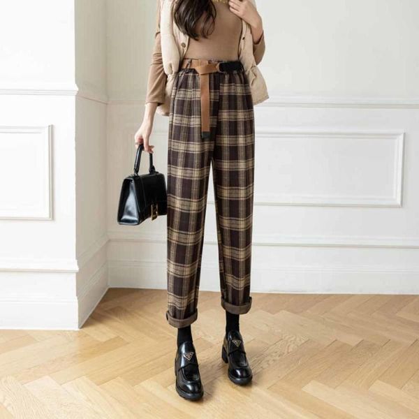 

women's pants & capris autumn winter women plaid mid waist pencil woman fashion casual long bottoms trousers 2021 woolen, Black;white