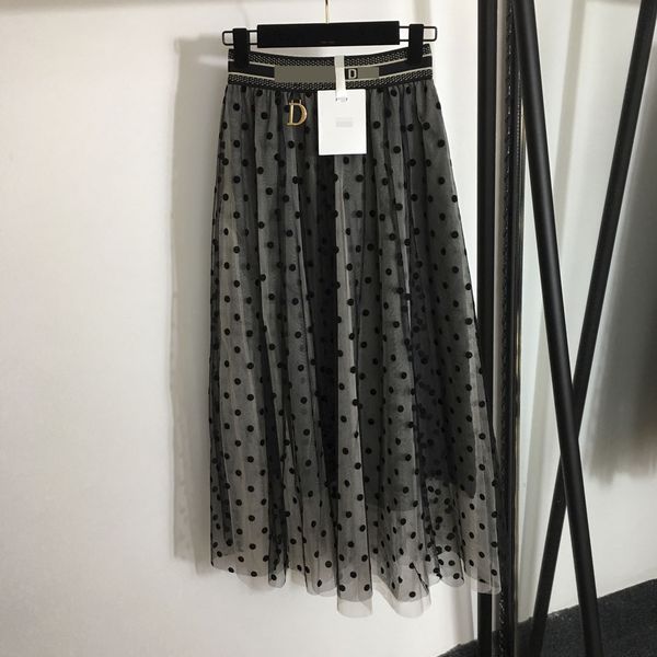 

dress 2021 spring and summer flocking wave dot printed letter webbing elastic high waist mesh skirt, White;black