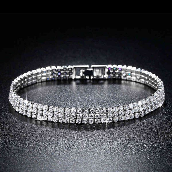 

2021 new luxury three rows tennis full drills 2mm 19cm 925 sterling silver bracelet bangle for women jewelry wholesale s5439, Golden;silver