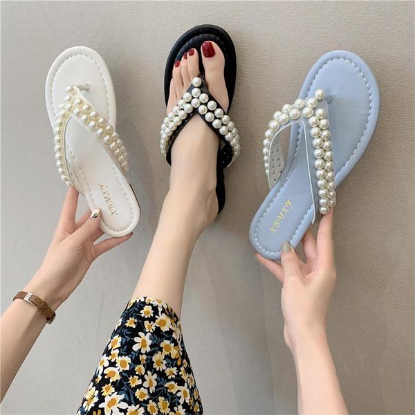 

slippers fashion women pearl clip toe flat sandals outdoor casual beach female flip flops comfortable open low heel, Black