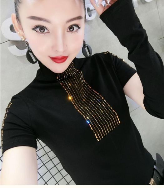 

women's t-shirt bottoming women long sleeve 2021 autumn fashion turtleneck bright diamond tees plus size 3xl, White