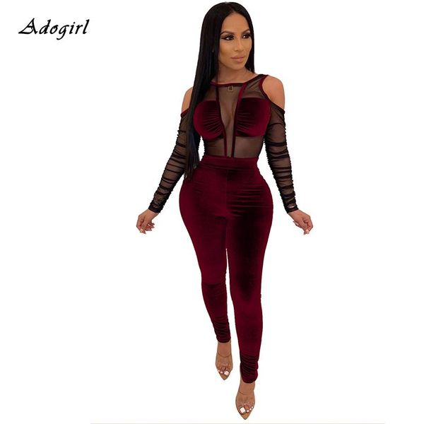 

women's jumpsuits & rompers sheer mesh velvet women jumpsuit elegant cold shoulder long sleeve pencil pants body night club bodycon ove, Black;white