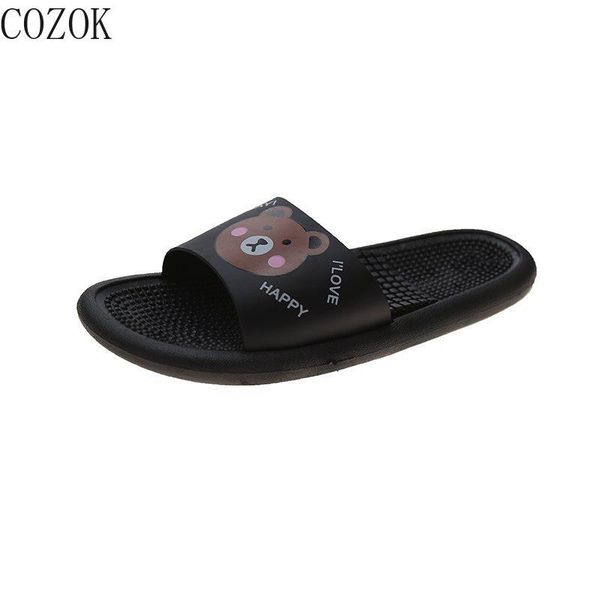 

summer women's slippers fashion all-match vamp bear applique cute home bathroom casual flat-bottomed women's slippers, Black