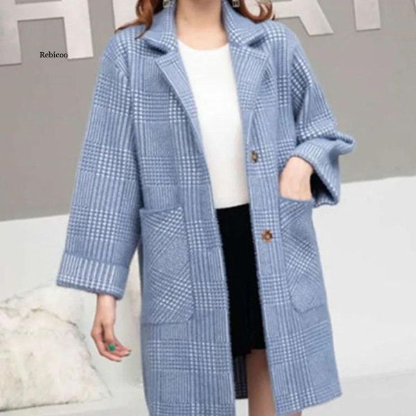 

women's wool & blends spring and autumn mink fleece warm jacket woolen coat mid-length pocket loose lazy knit cardigan turn down collar, Black