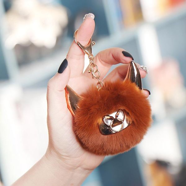

keychains fashion pompom cow head keychain fluffy faux fur key chain bag charms cattle horn car ring holder jewelry bulk gift, Silver
